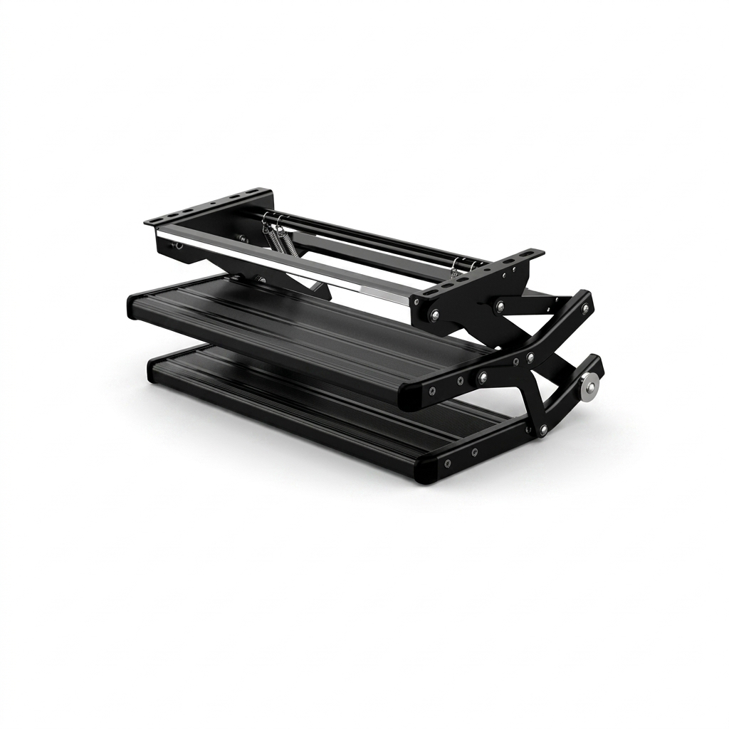 Black double manual caravan step shown folded on a white background