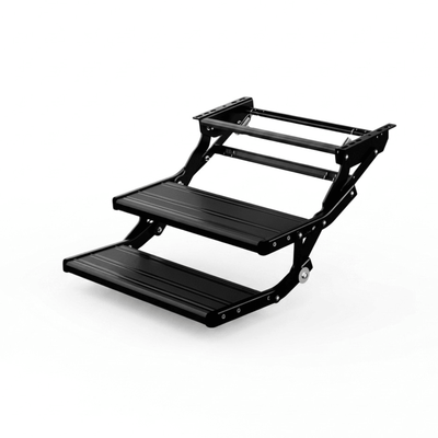 A black metal two-step pet ramp with textured grip surfaces, shown on a clean white background.
