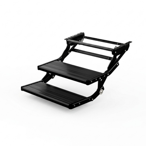 Front view of the black double caravan step in the open position showing the two-step layout