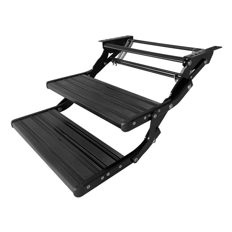 Black double caravan step open and viewed on an angle, showing both non-slip treads