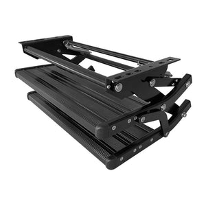 Black double caravan step in the open position with both steps extended ready for use