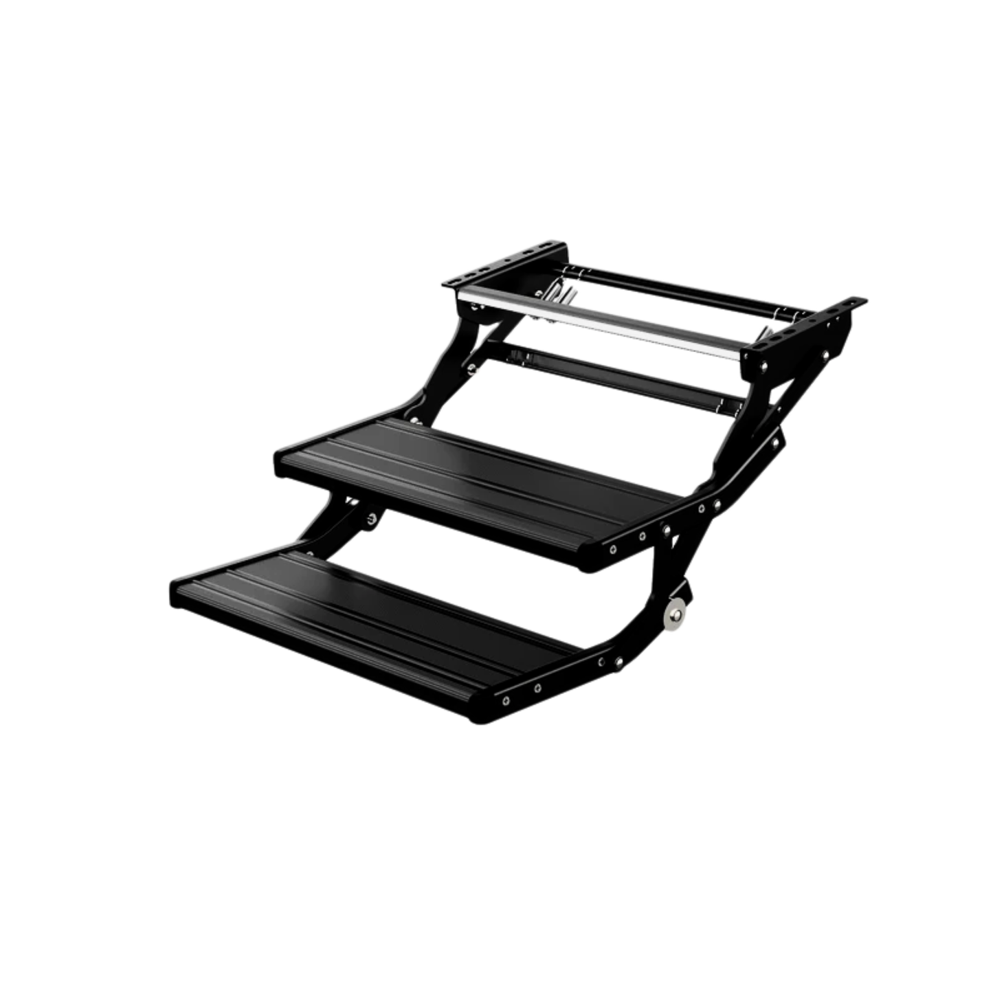 A black metal two-step stair lift with a safety rail and textured non-slip steps, shown on a plain white background.