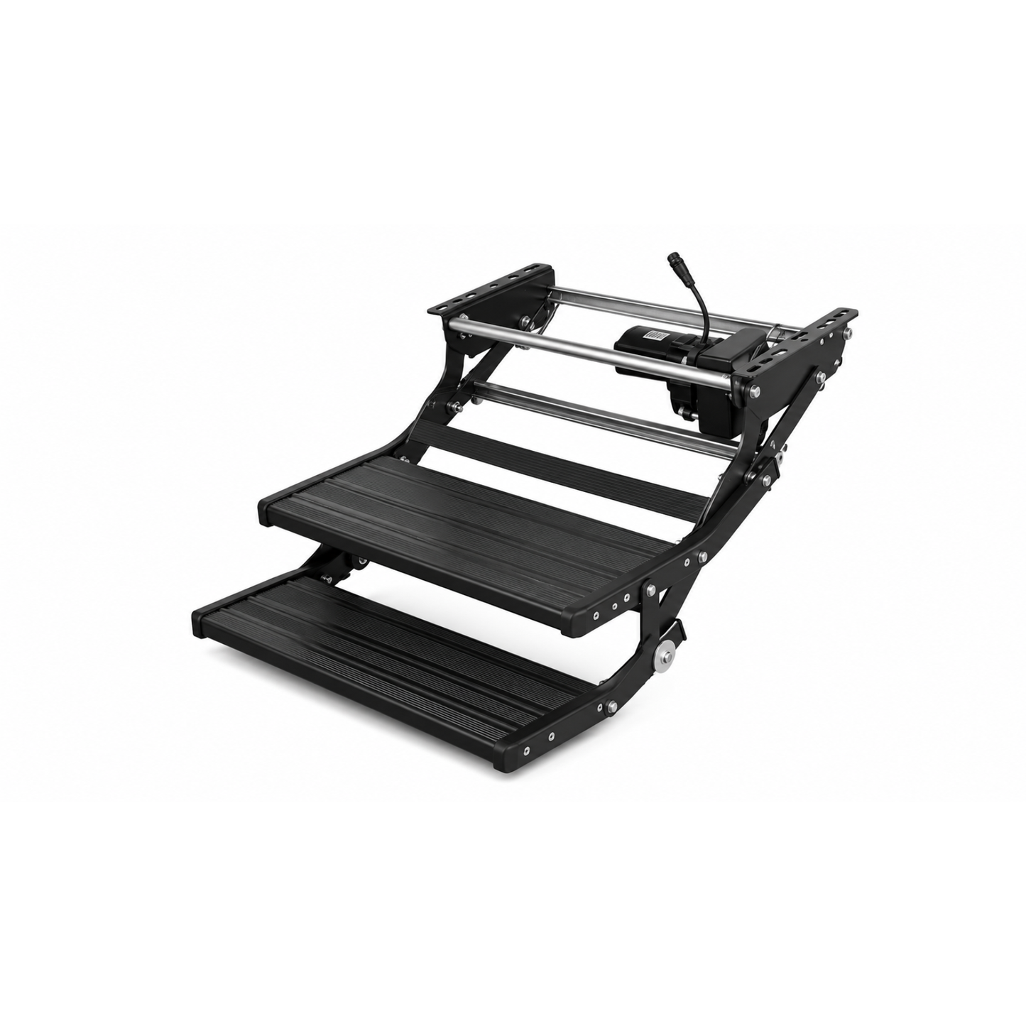 Black electric double caravan step extended, showing the two aluminium treads out ready for use