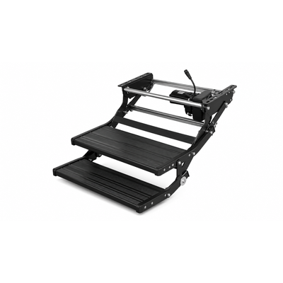 Black electric double caravan step extended, showing the two aluminium treads out ready for use