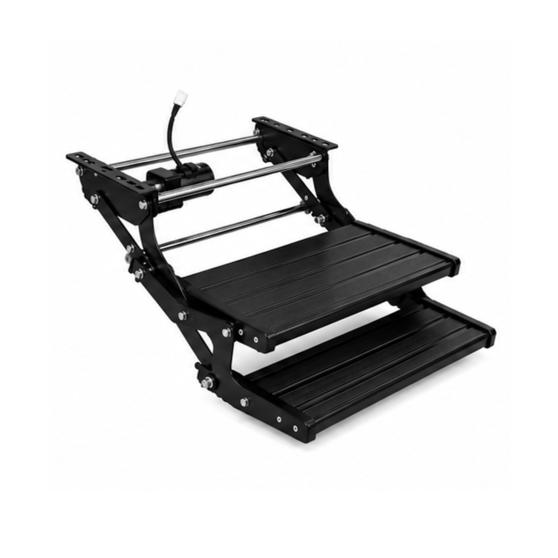 Black electric double caravan step extended, showing the two aluminium treads out ready for use