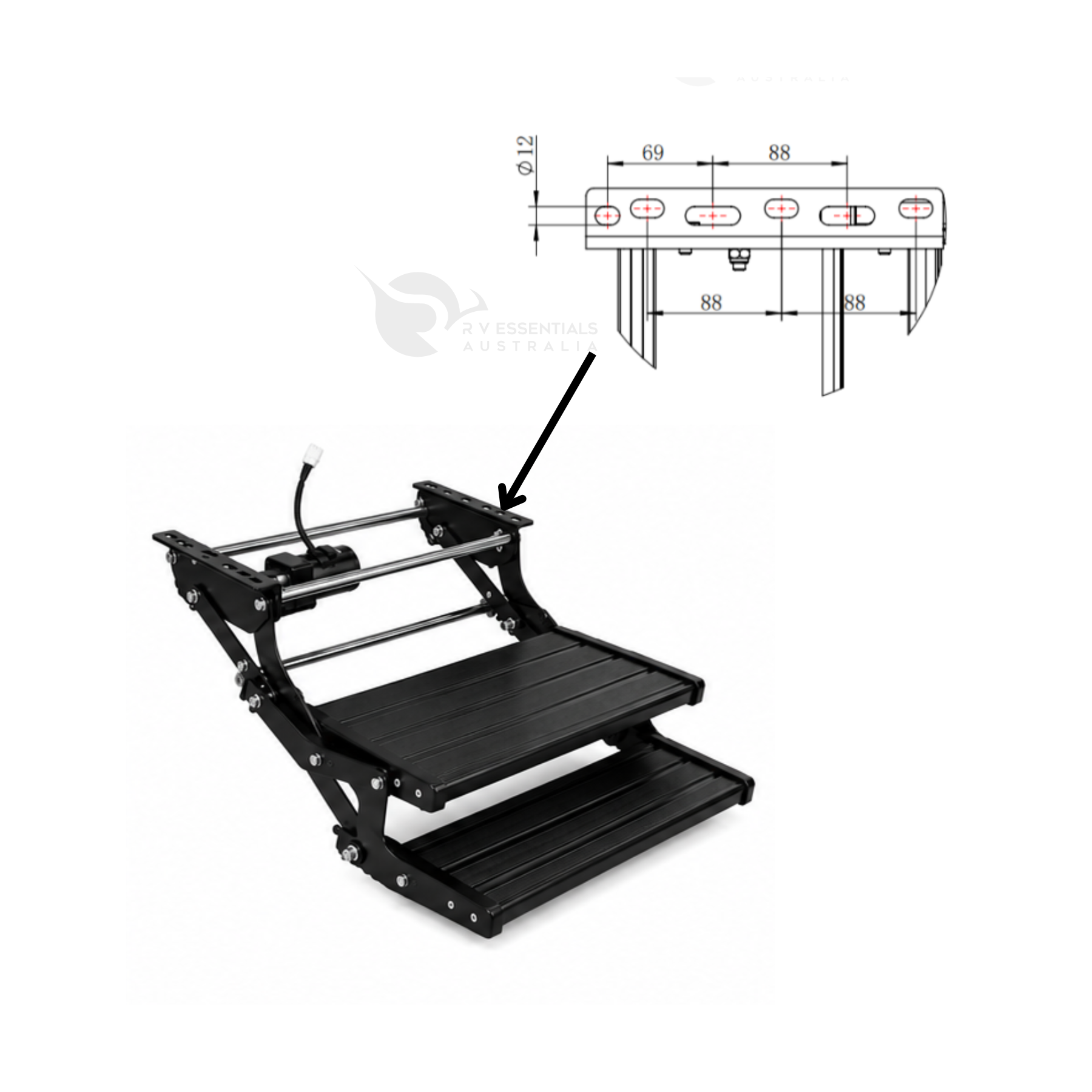 Dimension drawing of the black electric double caravan step showing the overall width and mounting hole spacing