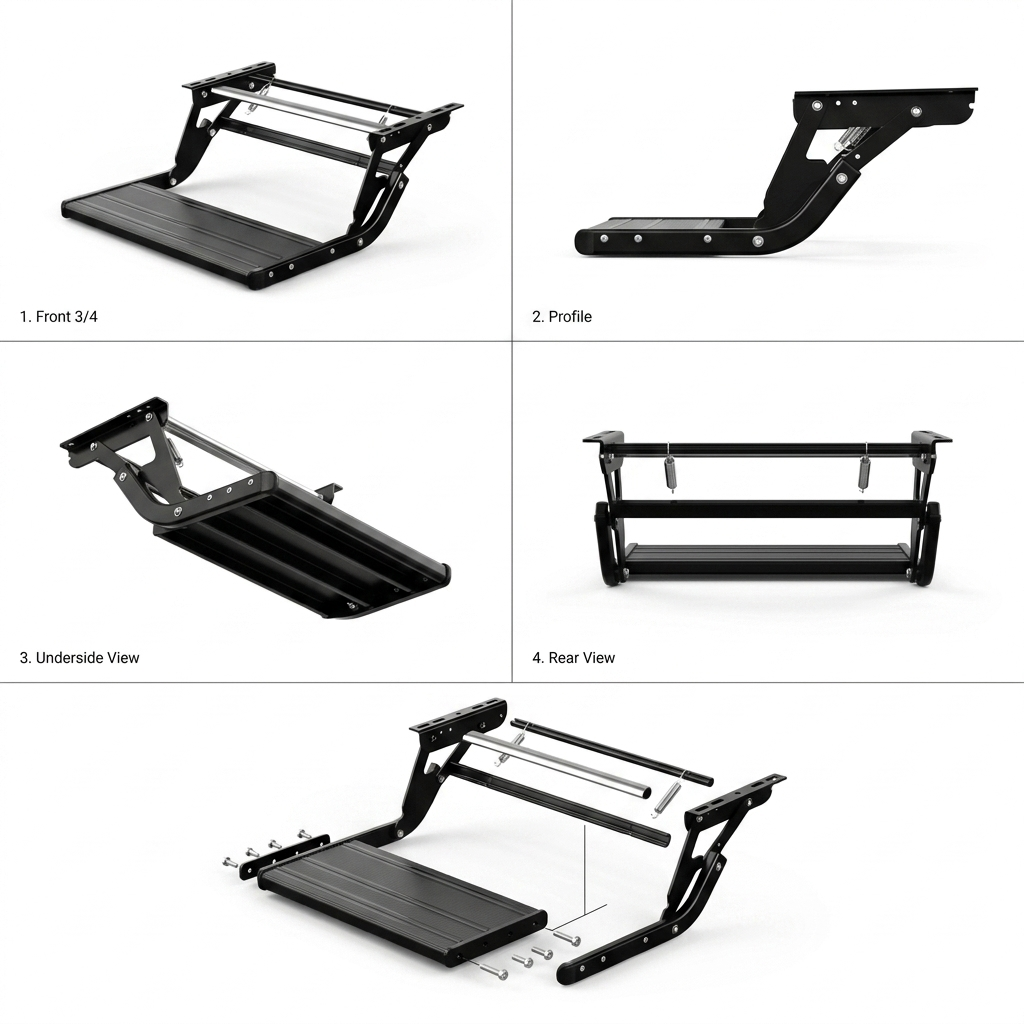 A black metal step ladder shown in five labeled views on a white background: front 3/4, profile, underside, rear, and assembled with hardware. This is not a person-in-environment lifestyle shot; it is a clean product presentation with multiple angles, so subject_type is Product/Packaging.