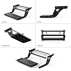 A black metal step ladder shown in five labeled views on a white background: front 3/4, profile, underside, rear, and assembled with hardware. This is not a person-in-environment lifestyle shot; it is a clean product presentation with multiple angles, so subject_type is Product/Packaging.