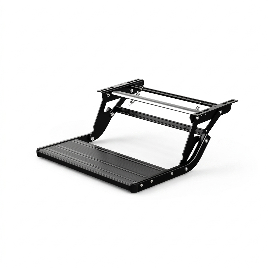 Black single caravan step shown with mounting bracket hole spacing diagram