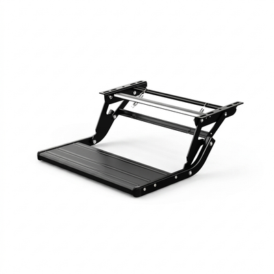 Black single caravan step shown with mounting bracket hole spacing diagram