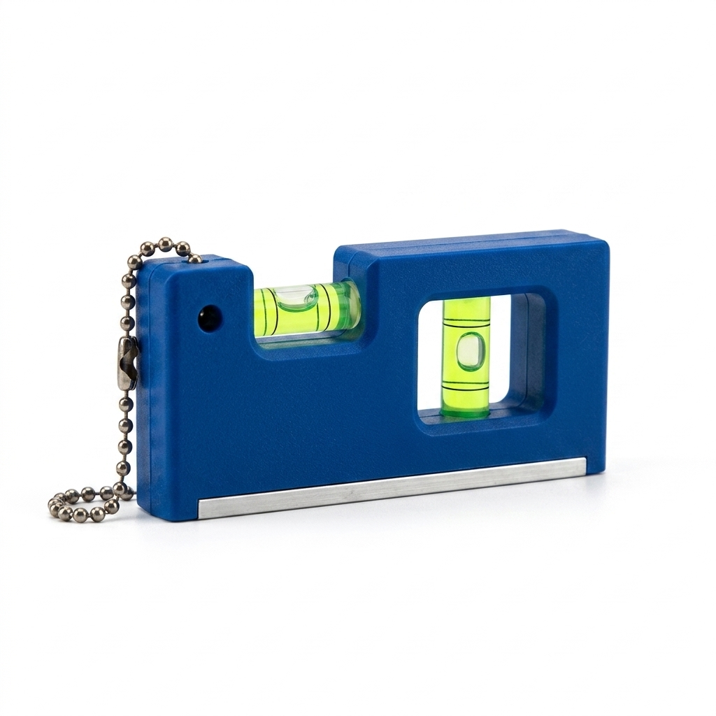 Blue compact caravan bubble level with ball chain, angled view