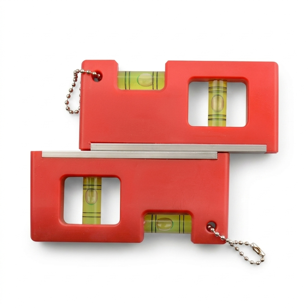 Two red mini caravan spirit levels with ball chains
