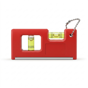 Red mini spirit level with two bubble vials and ball chain