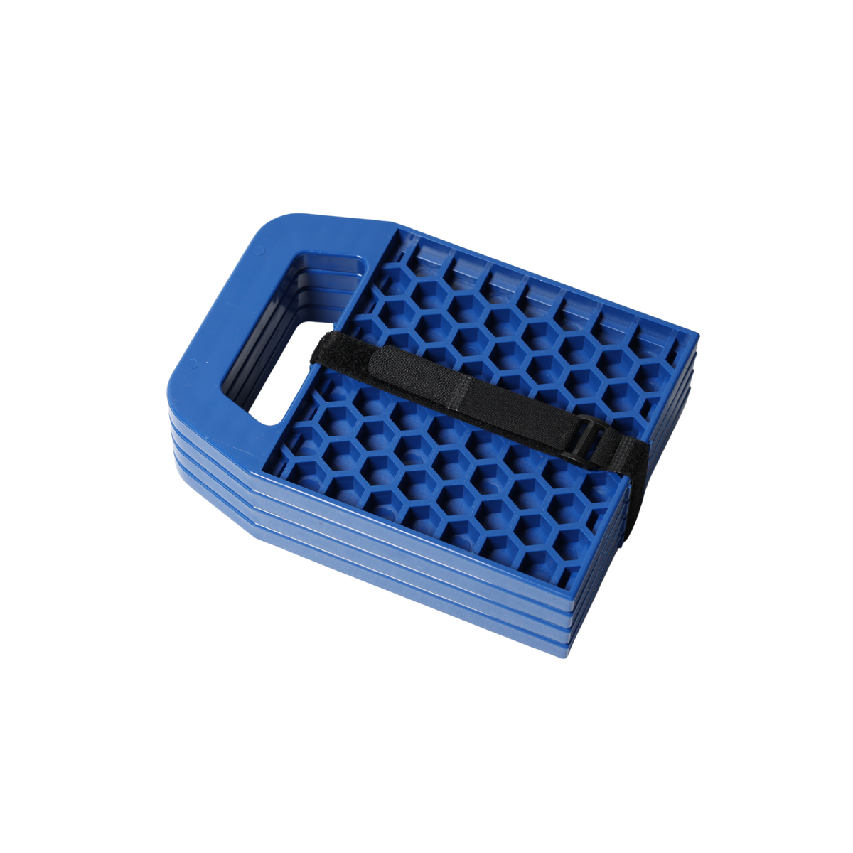 Set of four blue caravan stabiliser leg pads with honeycomb surface and storage strap