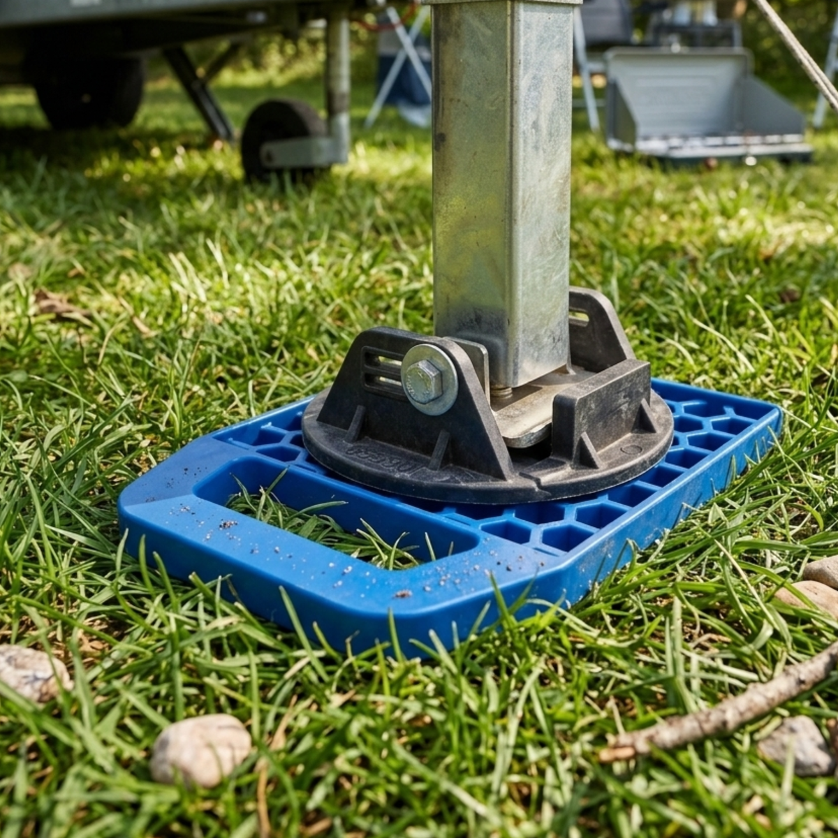 Caravan stabiliser leg resting on a blue anti-sink pad on grass