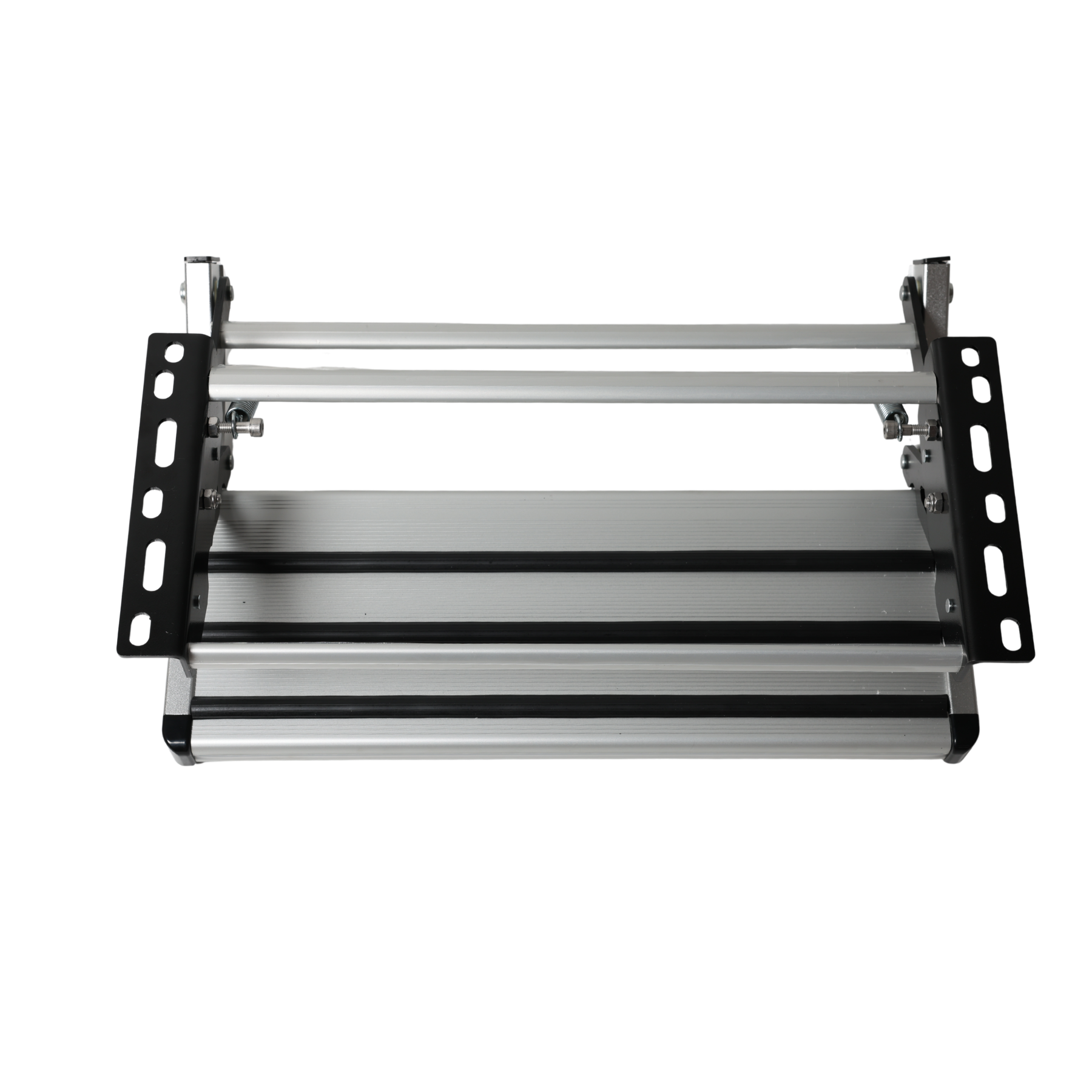 Top view of folded single pull-out caravan step with aluminium tread and 12mm bolt slots