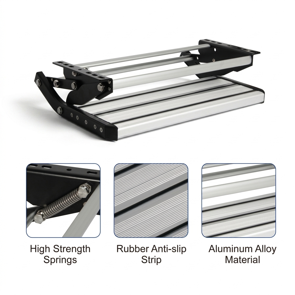 Caravan step close-up of strong springs, rubber grip strips and aluminium tread