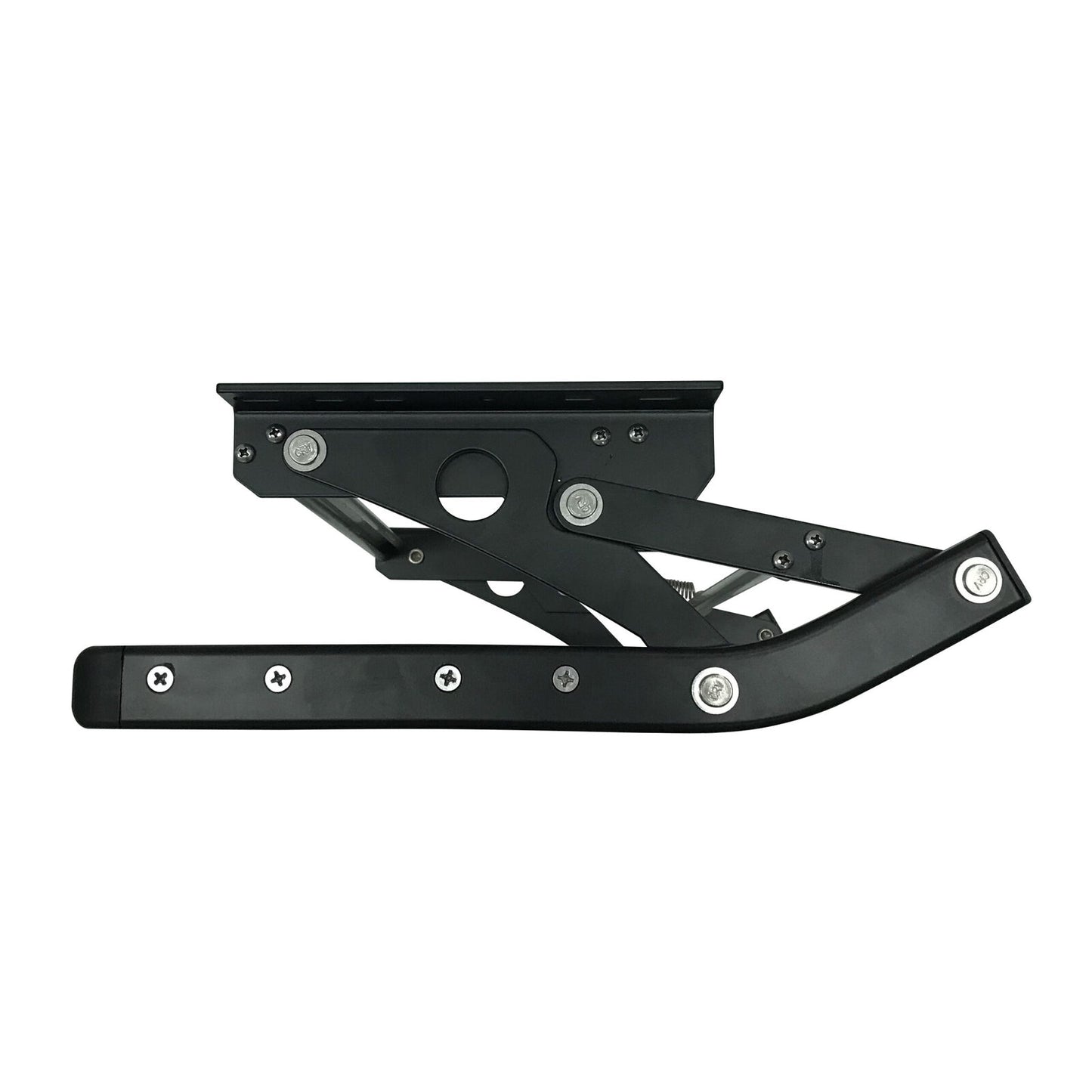 A black metal mechanical bracket or support arm with visible silver screws and bolts, isolated on a plain white background.