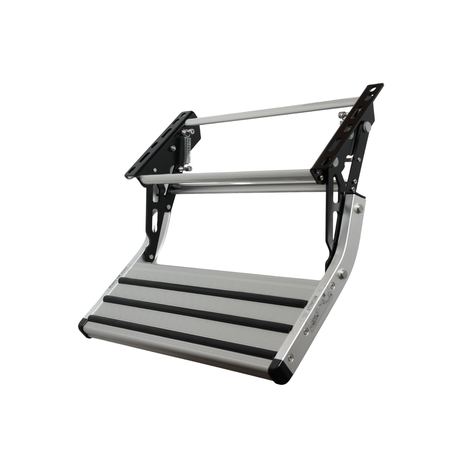 Spring-assisted single caravan step extended, showing black steel pivot arms