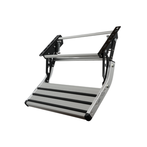 Spring-assisted single caravan step extended, showing black steel pivot arms
