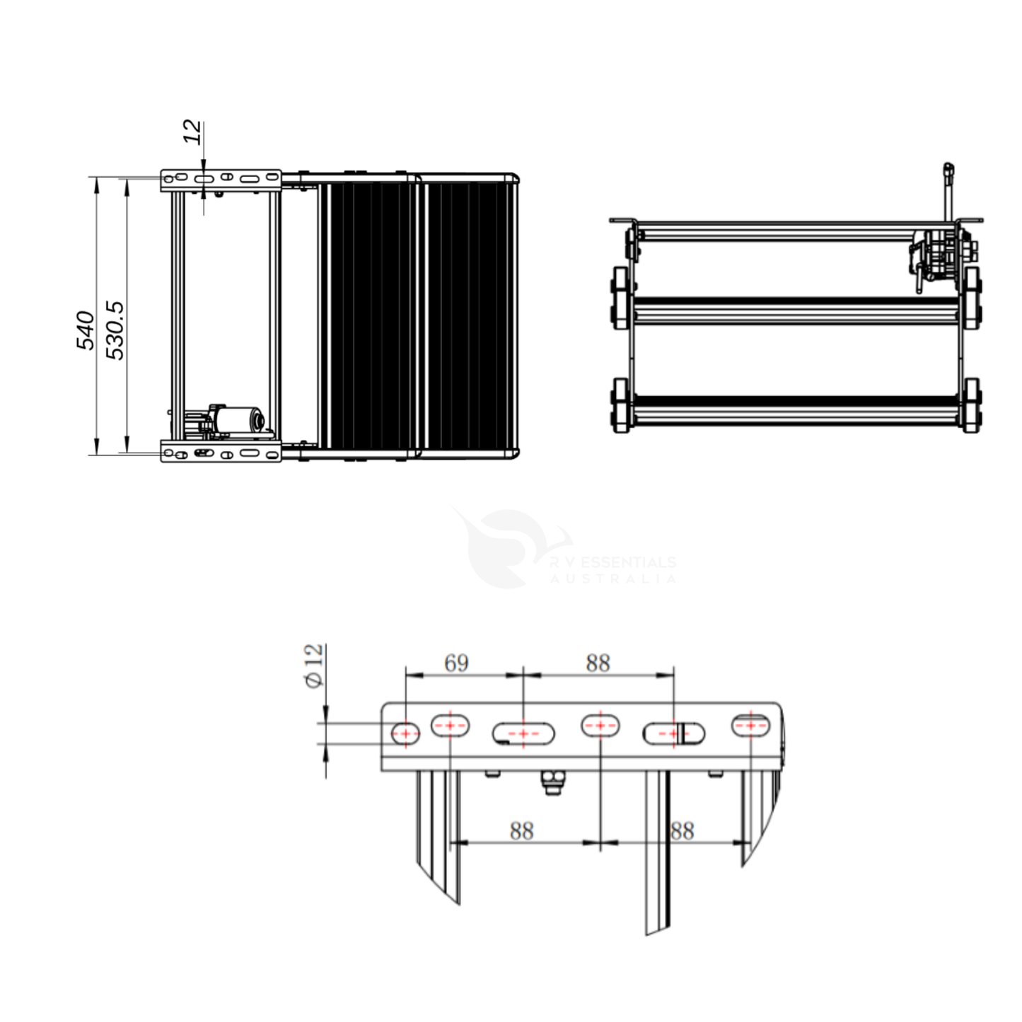 Technical dimension drawing of a caravan 12v step.  shown in three orthographic views with measurements including 540, 580.5, 12, 69, 88, and Ø12 on a white background.