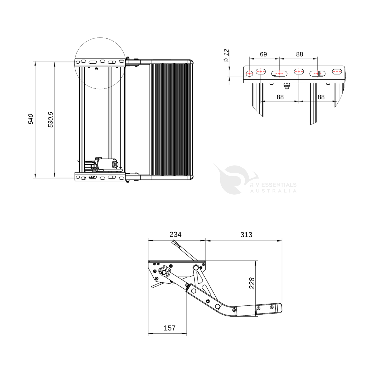 Technical line drawing showing multiple orthographic views of a metal mounting bracket or hardware component with dimension annotations in millimeters on a white background.