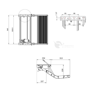 Technical line drawing showing multiple orthographic views of a metal mounting bracket or hardware component with dimension annotations in millimeters on a white background.