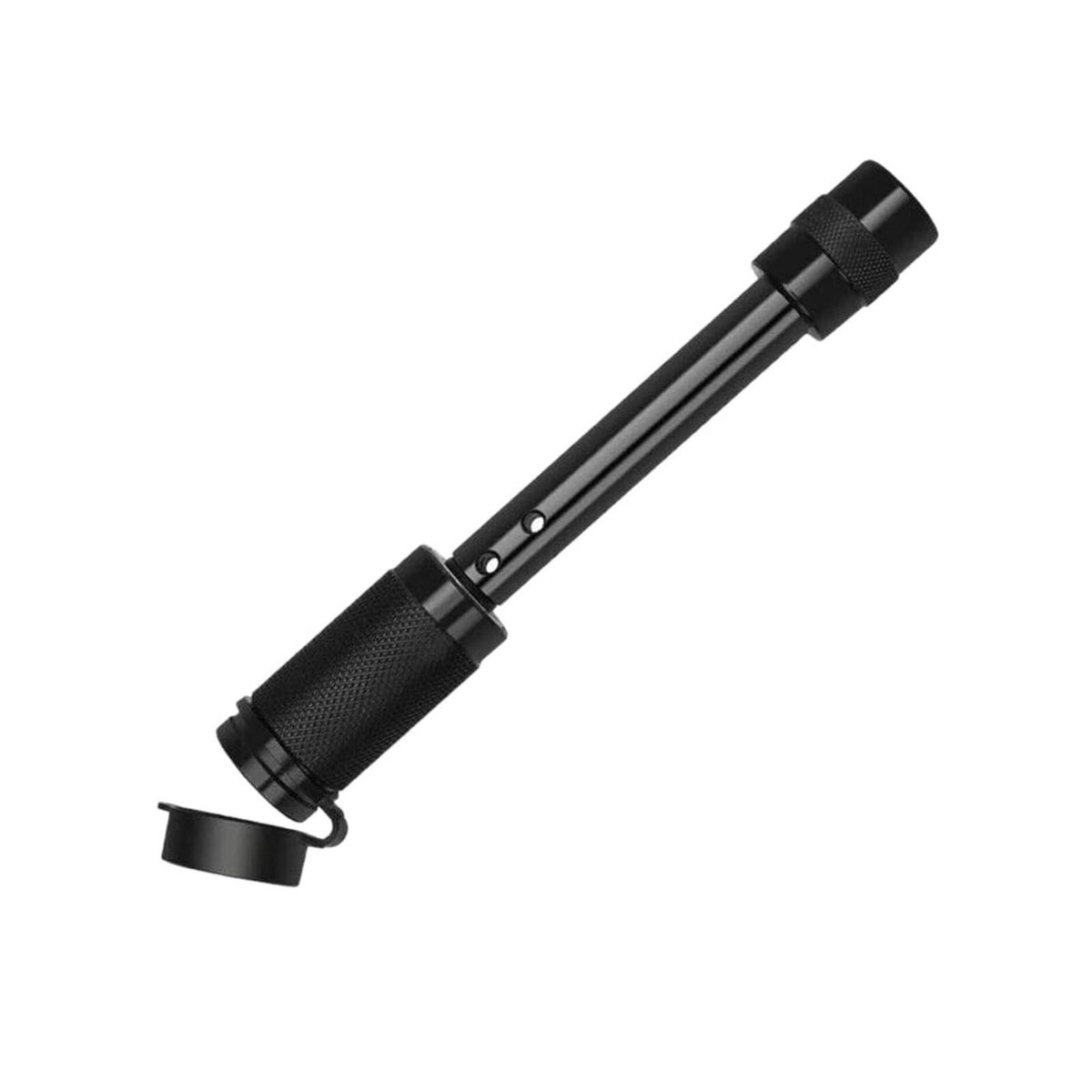 Black locking hitch pin with knurled grips and tethered dust cap