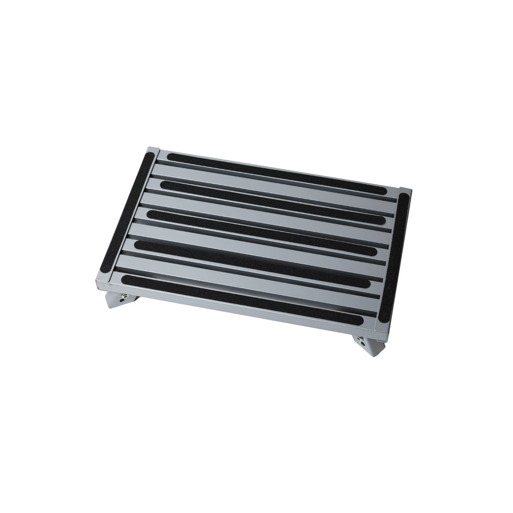 A rectangular metal step plate with a silver-gray frame and black rubberized grip strips on the top, shown at an angle on a plain white background.