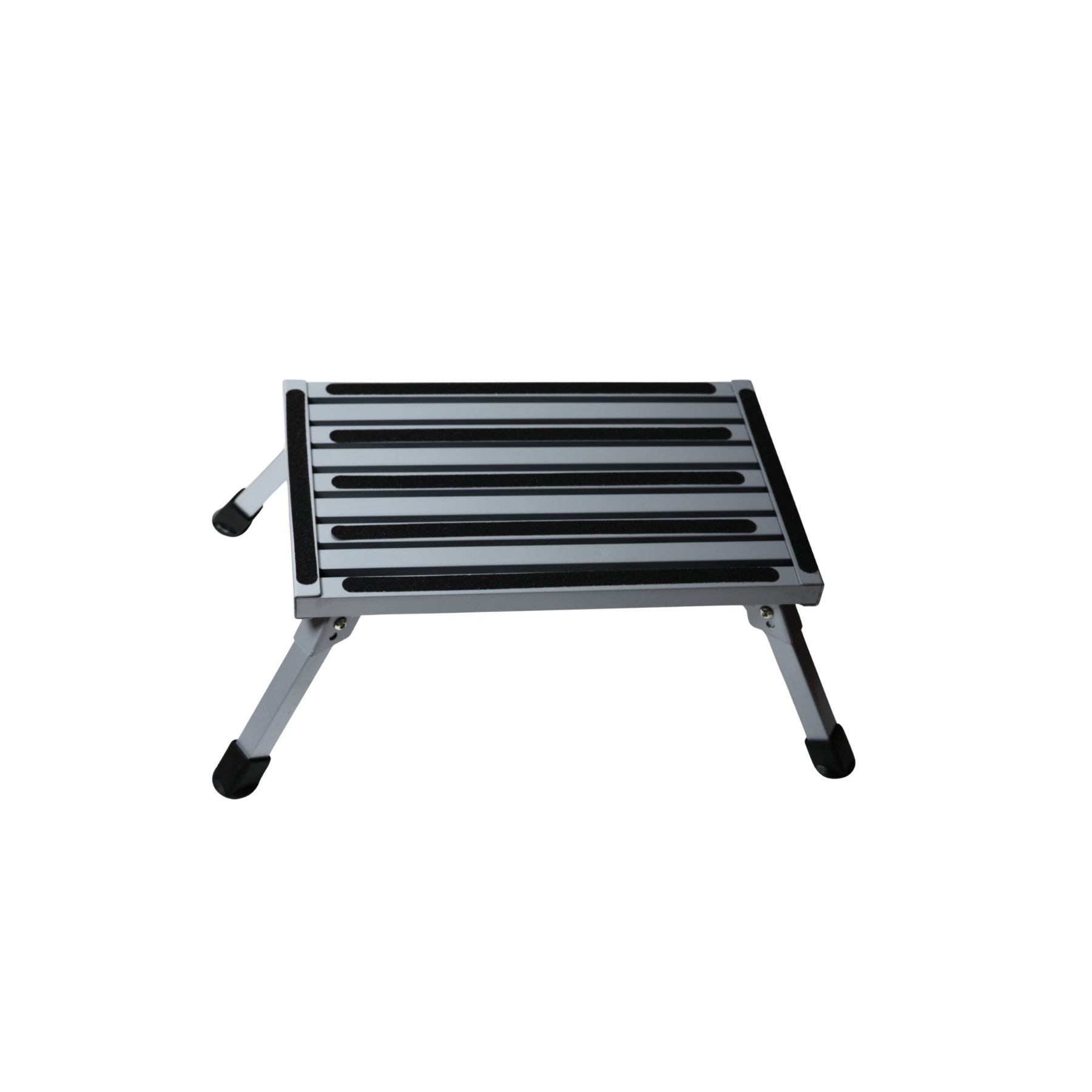 A small aluminum step stool with a silver frame, black textured grip slats on the top, and black rubber feet on the legs, shown on a plain white background.