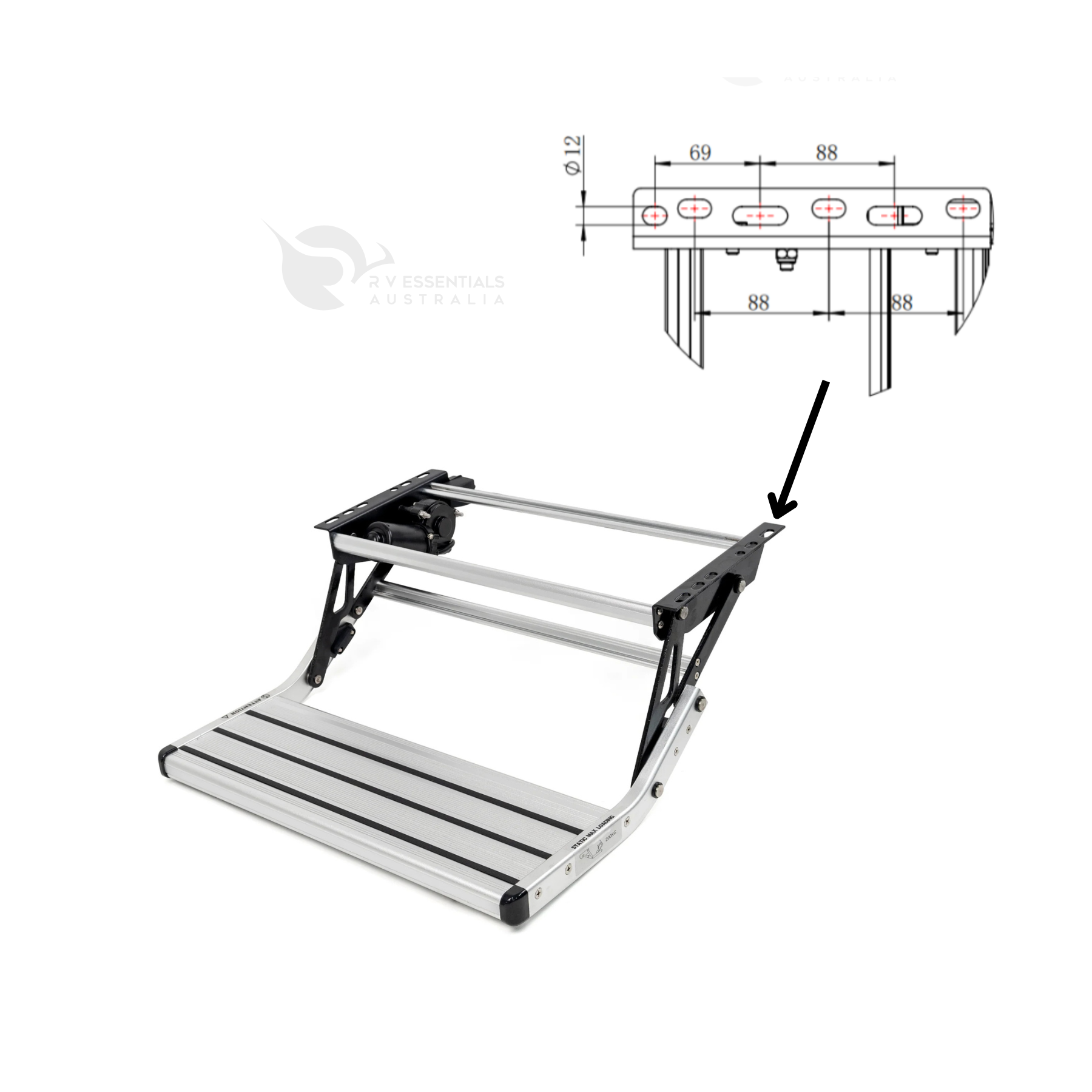 Single pull-out caravan step with mounting bracket hole spacing diagram, 69mm and 88mm slot centres