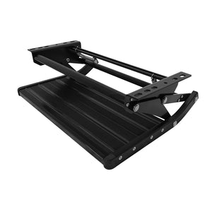 A black metal step ladder with a ribbed tread and adjustable mounting brackets, shown on a plain white background.