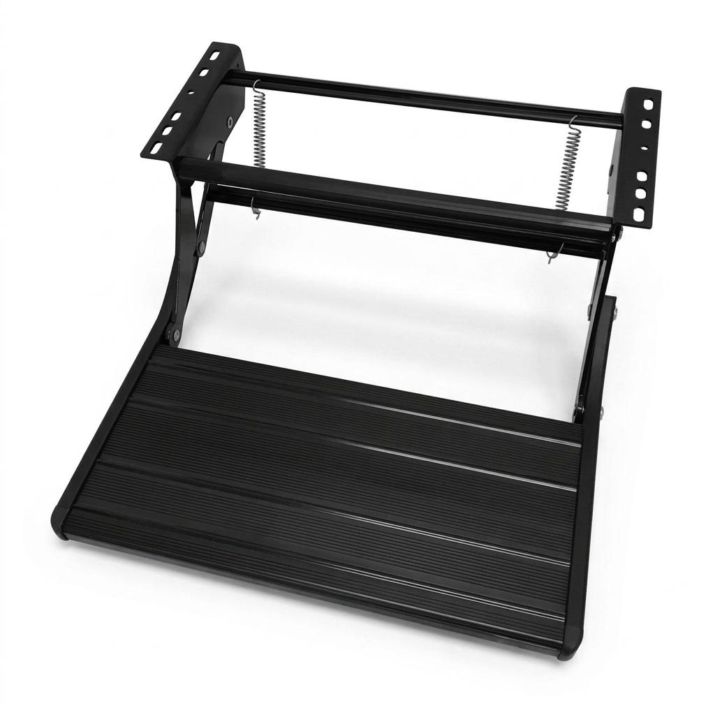 A black metal vehicle lift frame with a ribbed step plate and suspension springs, shown on a clean white background.