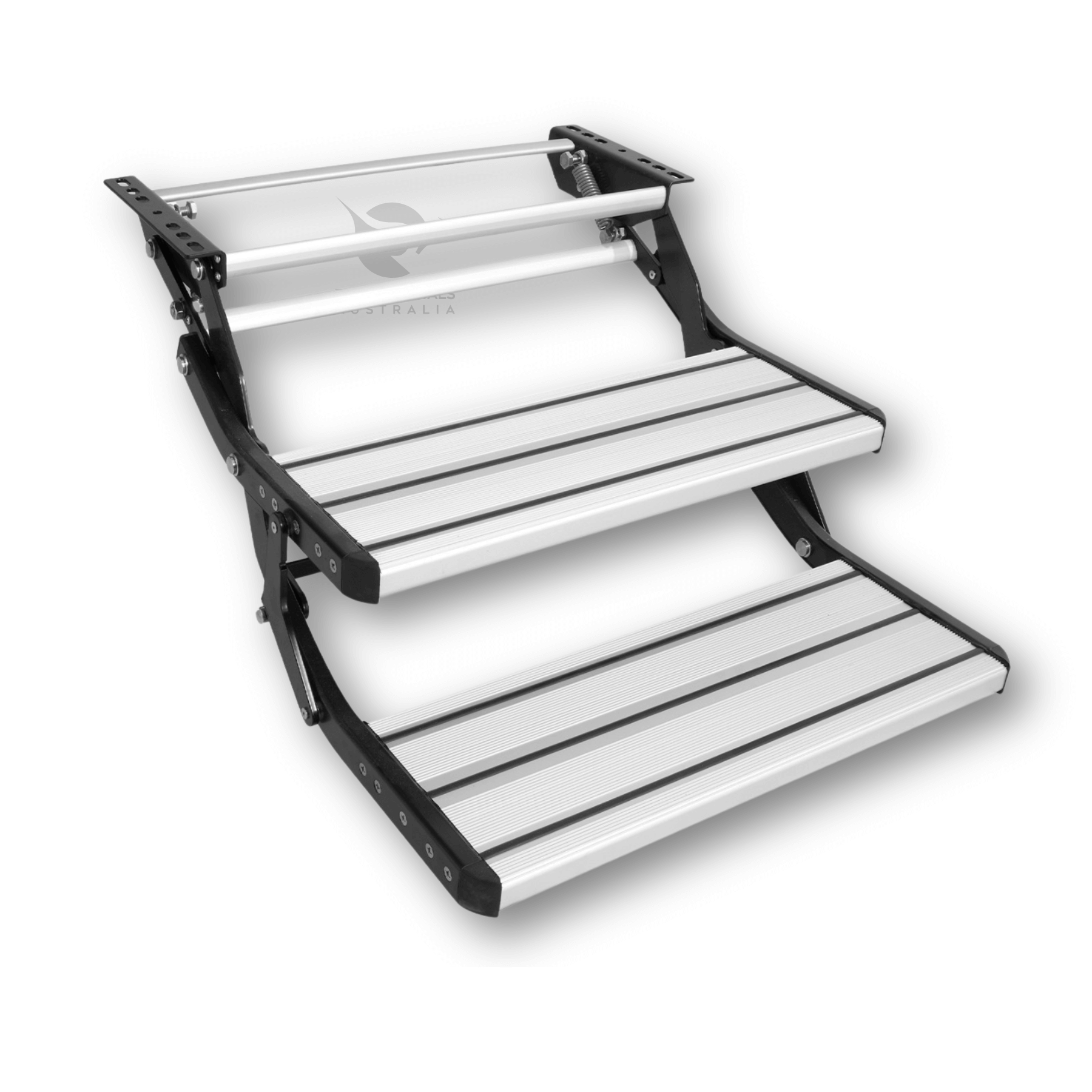 Front view of the silver aluminium double caravan step showing the two-step layout and black frame