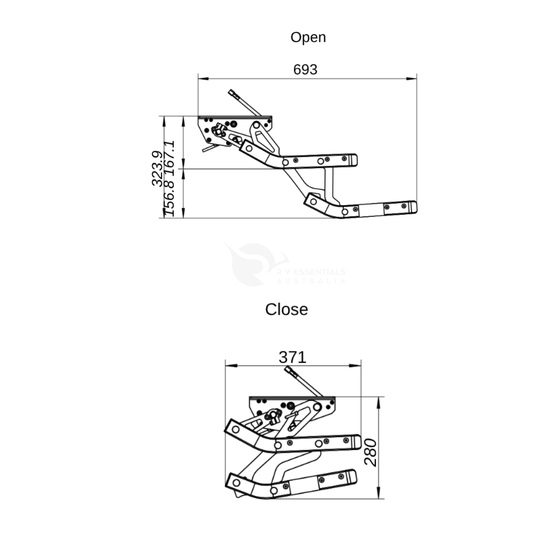 Technical dimension diagram of a window crank handle shown in two positions: open and closed. The open position is labeled with dimensions 693 and 339, while the closed position is labeled with dimensions 371 and 280.