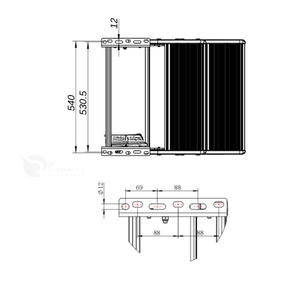 Technical dimension drawing of a rectangular metal component with two orthographic views and measurement labels on a white background.