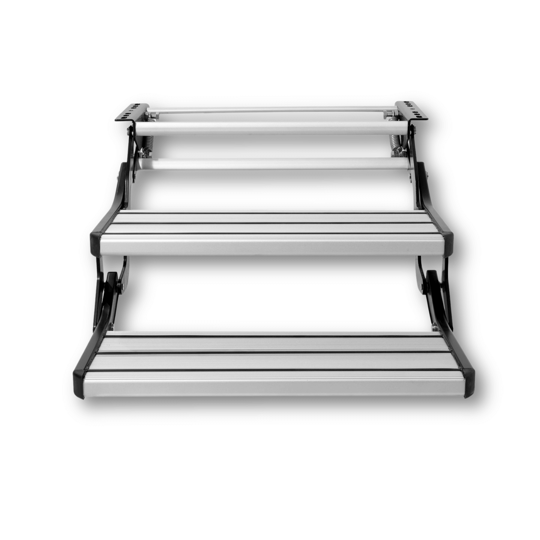 Silver aluminium double caravan step in the open position with both ribbed treads extended