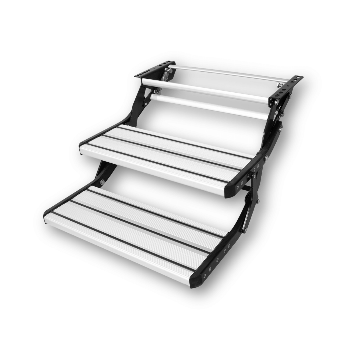 Close-up of the spring-assisted folding mechanism on the black frame, with arrows showing how the step folds