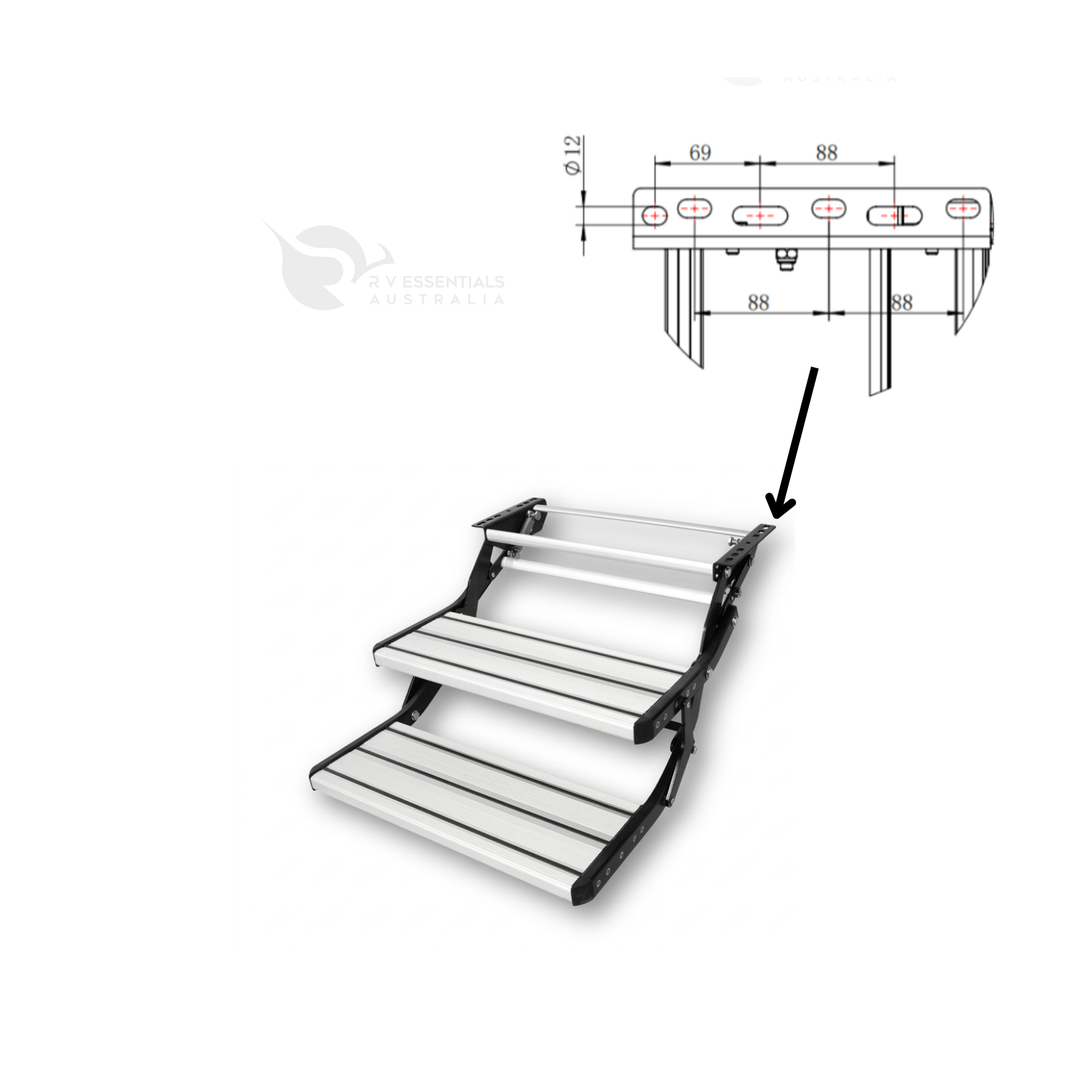 Dimension drawing of the silver aluminium double caravan step showing the overall width and mounting hole spacing