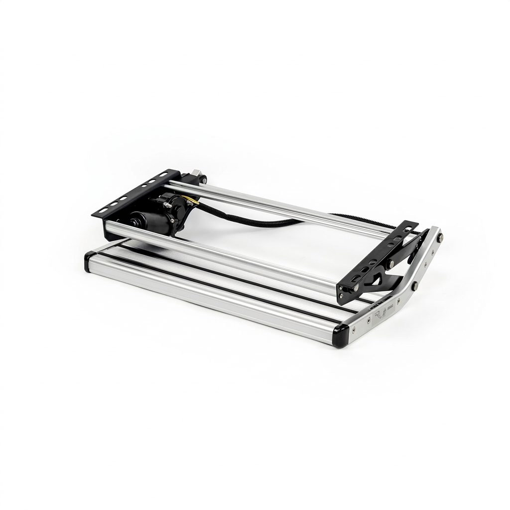 Silver single electric caravan step retracted flat with motor and wiring