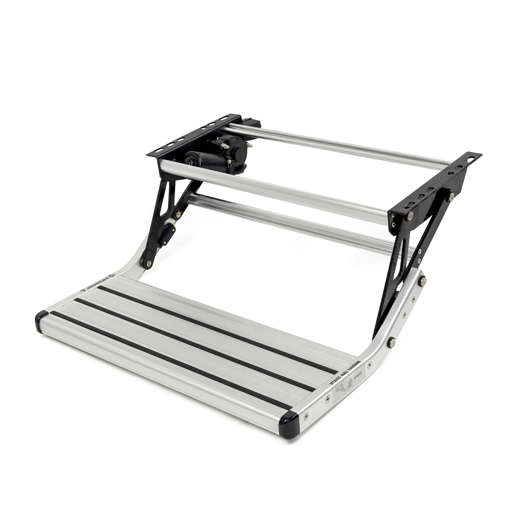 A silver aluminum and black metal step ladder with a fold-down design, shown on a solid white background.