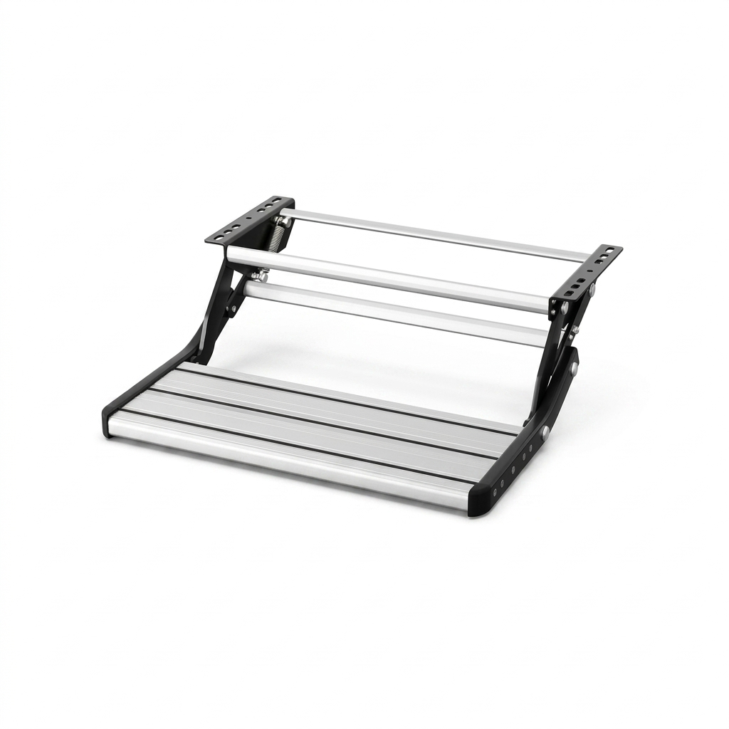 Aluminium single pull-out caravan step in open position with rubber grip strips