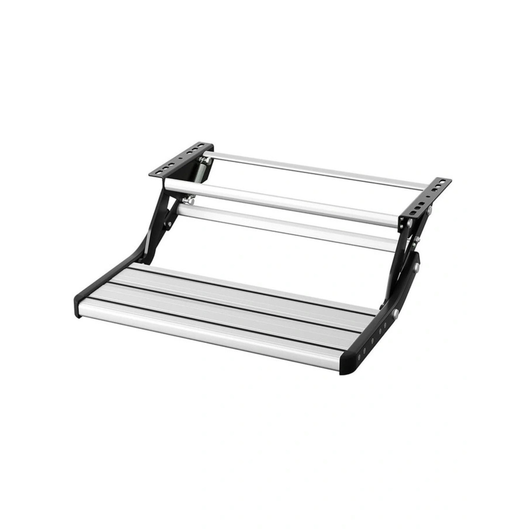 Top view of folded single pull-out caravan step with aluminium tread and 12mm bolt slots